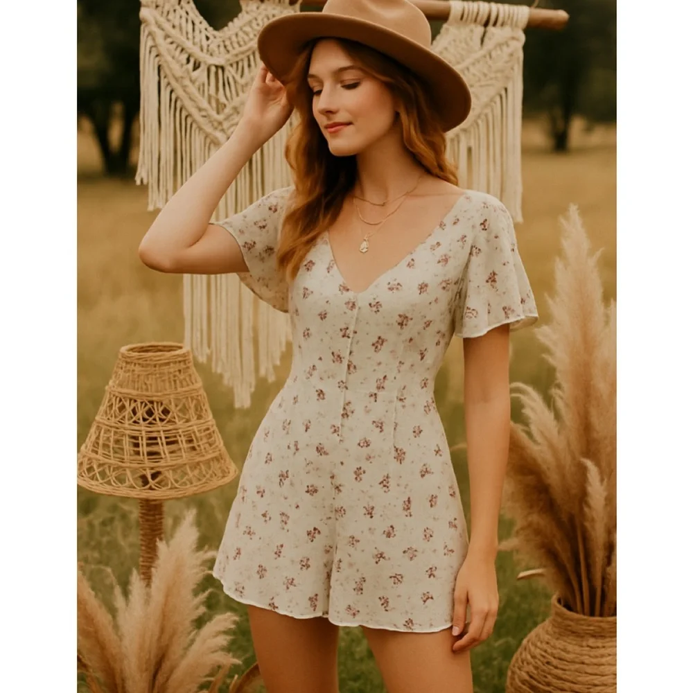 STORIA Cream Floral V-Neck Ruffle Sleeve Romper Small NWT Cottagecore